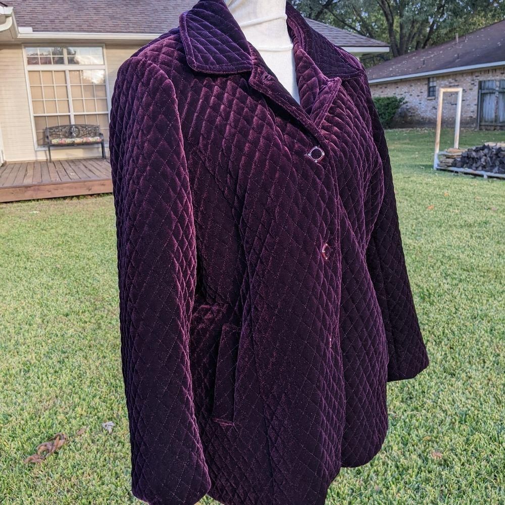 Vintage Velour Quilted Women Purple Pea Coat Jacket Korea Lined S-M